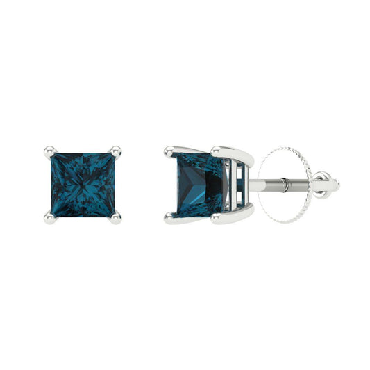0.5 ctw London Blue Topaz Studs Earrings | 3.5mm Princess Cut White Gold Screw back | December Birthstone