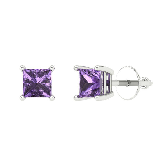 0.5 ctw Alexandrite Studs Earrings | 3.5mm Princess Cut White Gold Screw back | June Birthstone