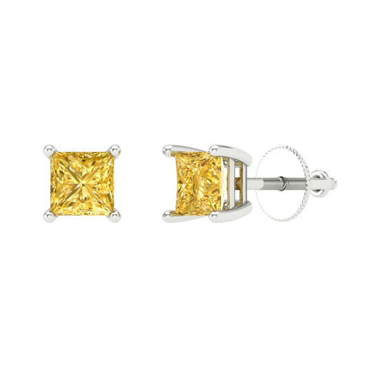 0.5 ctw Yellow Zirconia Studs Earrings | 3.5mm Princess Cut White Gold Screw back | April Birthstone