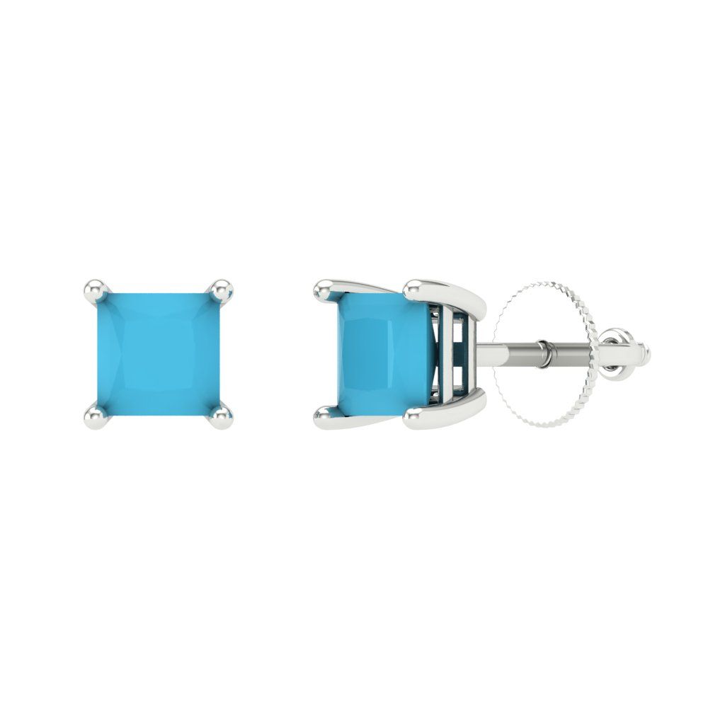 0.5 ctw Turquoise Studs Earrings | 3.5mm Princess Cut White Gold Screw back | December Birthstone