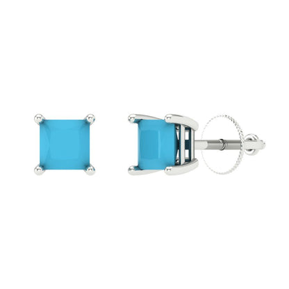 0.5 ctw Turquoise Studs Earrings | 3.5mm Princess Cut White Gold Screw back | December Birthstone