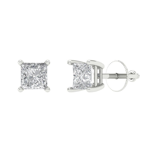 0.5 ctw Moissanite Studs Earrings | 3.5mm Princess Cut White Gold Screw back | April Birthstone