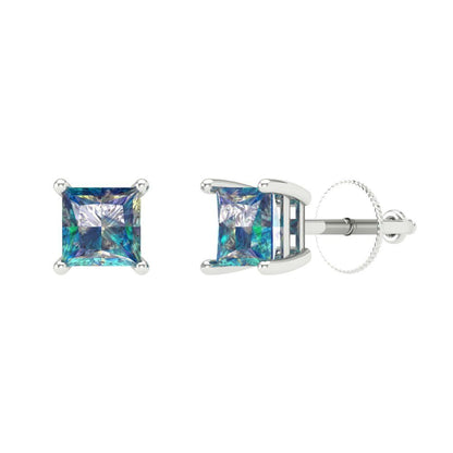 0.5 ctw Blue Moissanite Studs Earrings | 3.5mm Princess Cut White Gold Screw back | April Birthstone