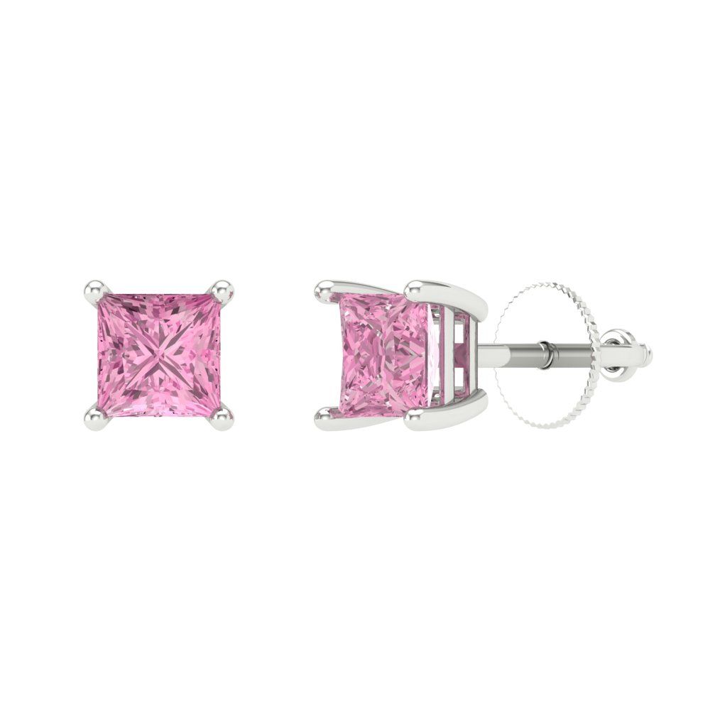 0.5 ctw Pink Zirconia Studs Earrings | 3.5mm Princess Cut White Gold Screw back | April Birthstone