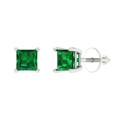 0.5 ctw Emerald Studs Earrings | 3.5mm Princess Cut White Gold Screw back | May Birthstone