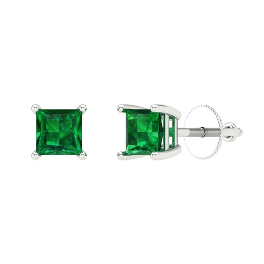 0.5 ctw Emerald Studs Earrings | 3.5mm Princess Cut White Gold Screw back | May Birthstone
