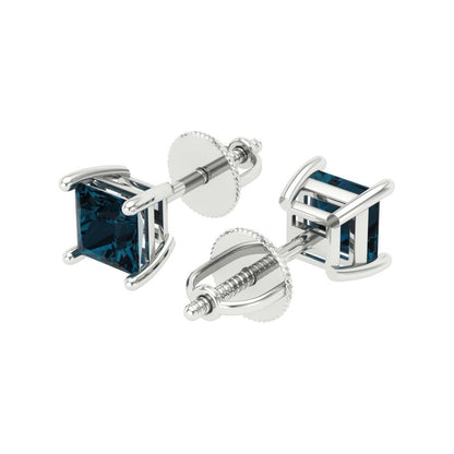 0.5 ctw London Blue Topaz Studs Earrings | 3.5mm Princess Cut White Gold Screw back | December Birthstone