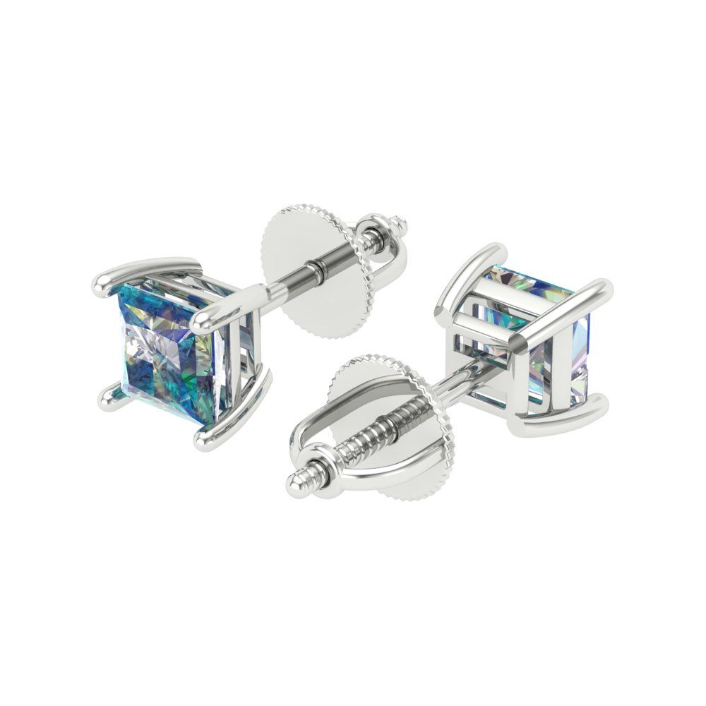 0.5 ctw Blue Moissanite Studs Earrings | 3.5mm Princess Cut White Gold Screw back | April Birthstone