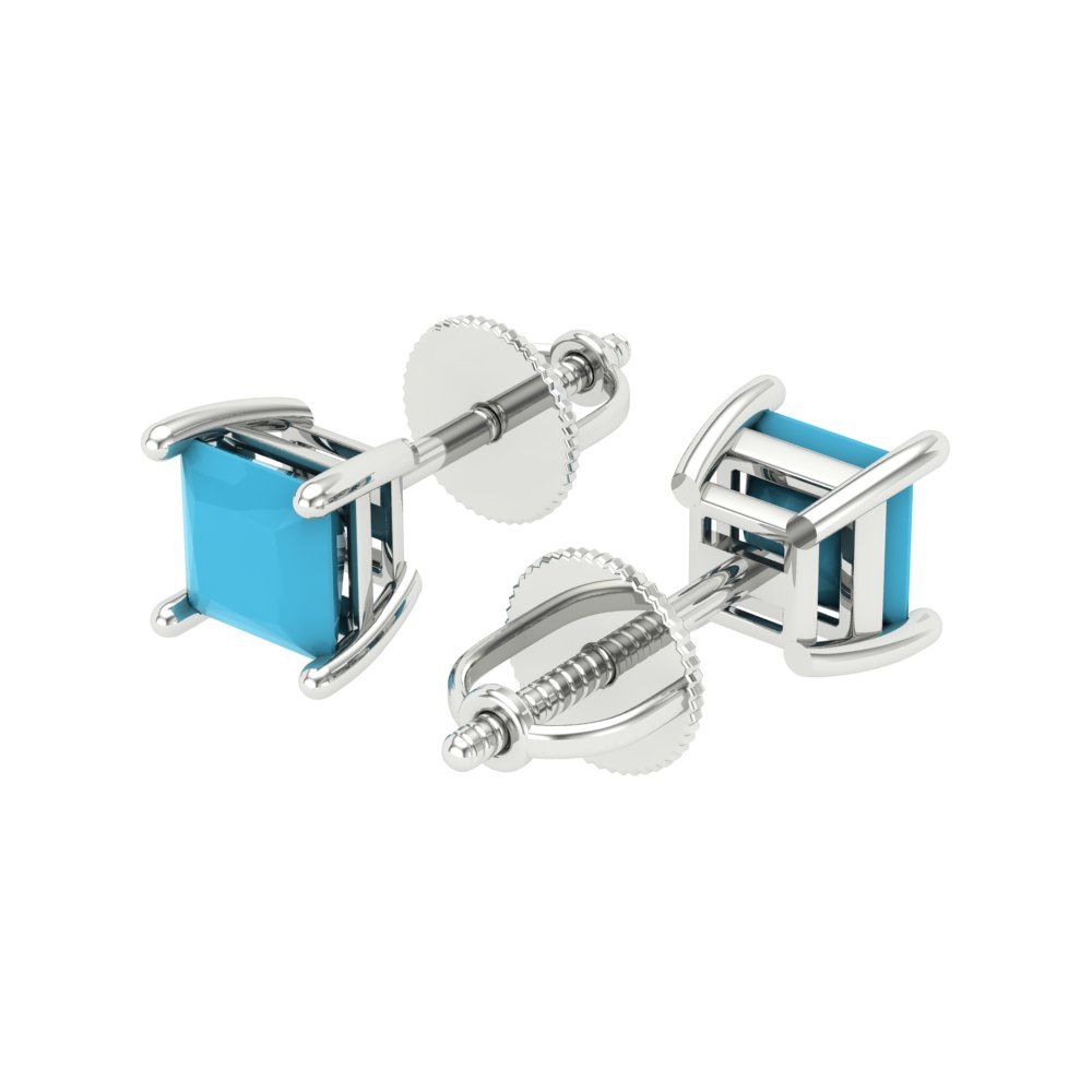 0.5 ctw Turquoise Studs Earrings | 3.5mm Princess Cut White Gold Screw back | December Birthstone