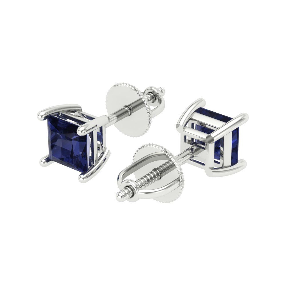 0.5 ctw Blue Sapphire Studs Earrings | 3.5mm Princess Cut White Gold Screw back | September Birthstone