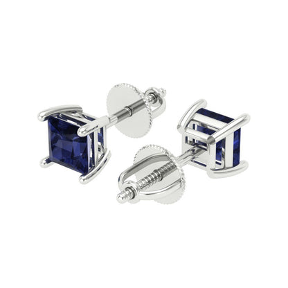 0.5 ctw Blue Sapphire Studs Earrings | 3.5mm Princess Cut White Gold Screw back | September Birthstone