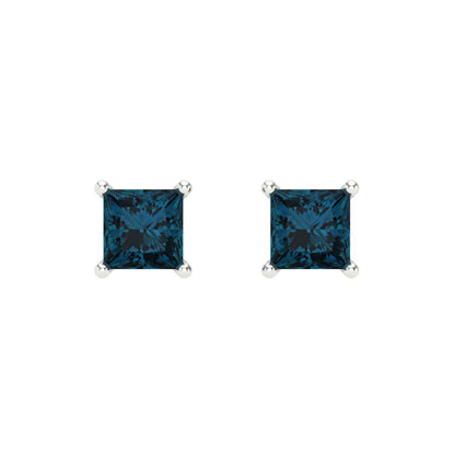 0.5 ctw London Blue Topaz Studs Earrings | 3.5mm Princess Cut White Gold Screw back | December Birthstone