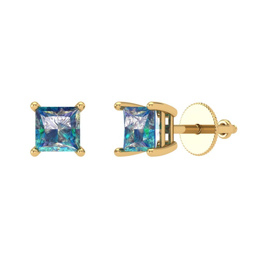 0.5 ctw Blue Moissanite Studs Earrings | 3.5mm Princess Cut White Gold Screw back | April Birthstone