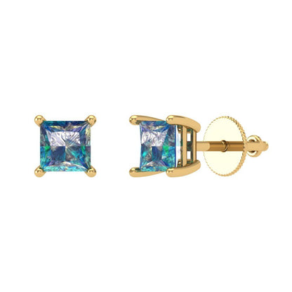 0.5 ctw Blue Moissanite Studs Earrings | 3.5mm Princess Cut White Gold Screw back | April Birthstone