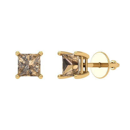 0.5 ctw Champagne Studs Earrings | 3.5mm Princess Cut White Gold Screw back | April Birthstone