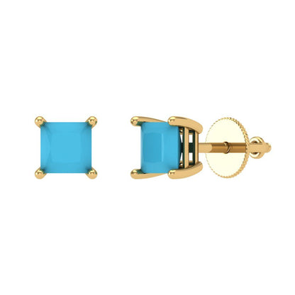 0.5 ctw Turquoise Studs Earrings | 3.5mm Princess Cut White Gold Screw back | December Birthstone