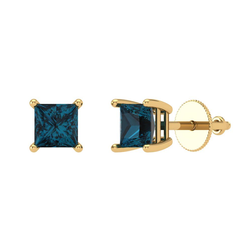 0.5 ctw London Blue Topaz Studs Earrings | 3.5mm Princess Cut White Gold Screw back | December Birthstone
