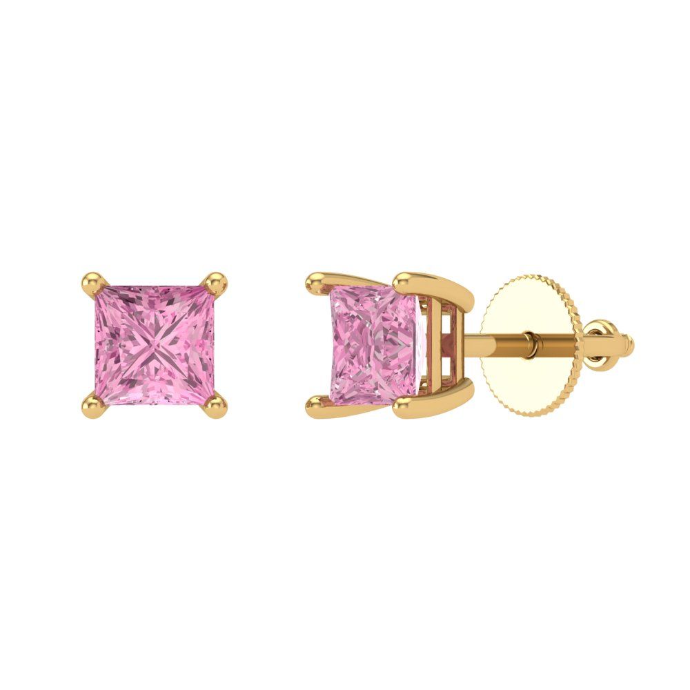 0.5 ctw Pink Zirconia Studs Earrings | 3.5mm Princess Cut White Gold Screw back | April Birthstone