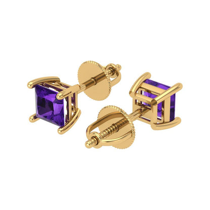 0.5 ctw Amethyst Studs Earrings | 3.5mm Princess Cut White Gold Screw back | February Birthstone