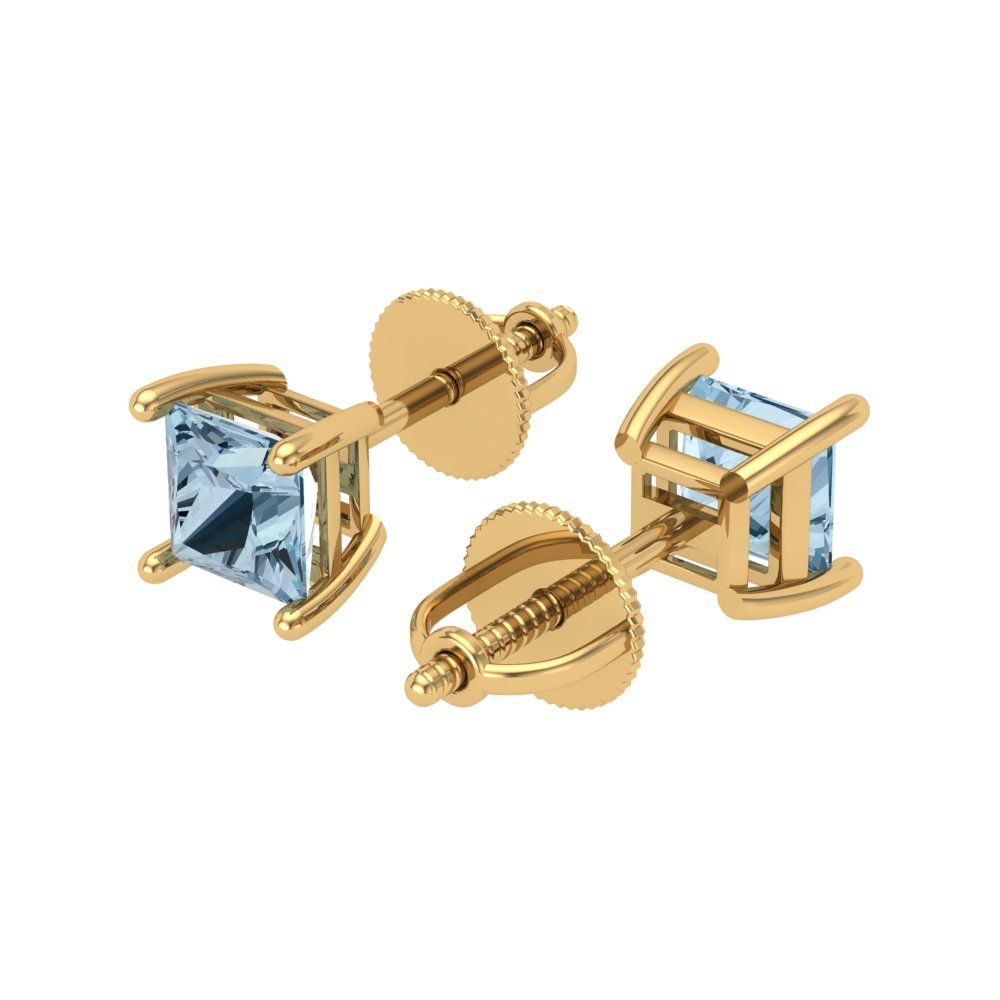 0.5 ctw Aquamarine Studs Earrings | 3.5mm Princess Cut White Gold Screw back | March Birthstone