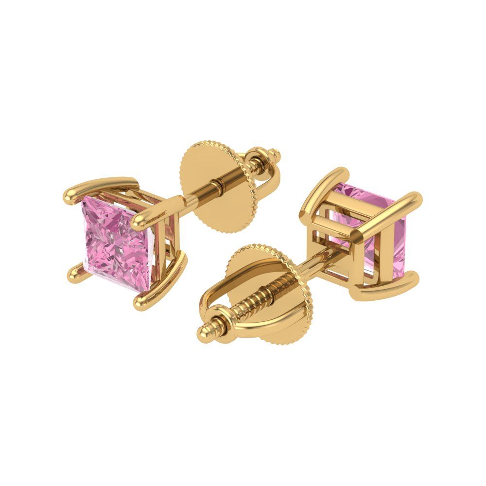 0.5 ctw Pink Zirconia Studs Earrings | 3.5mm Princess Cut White Gold Screw back | April Birthstone