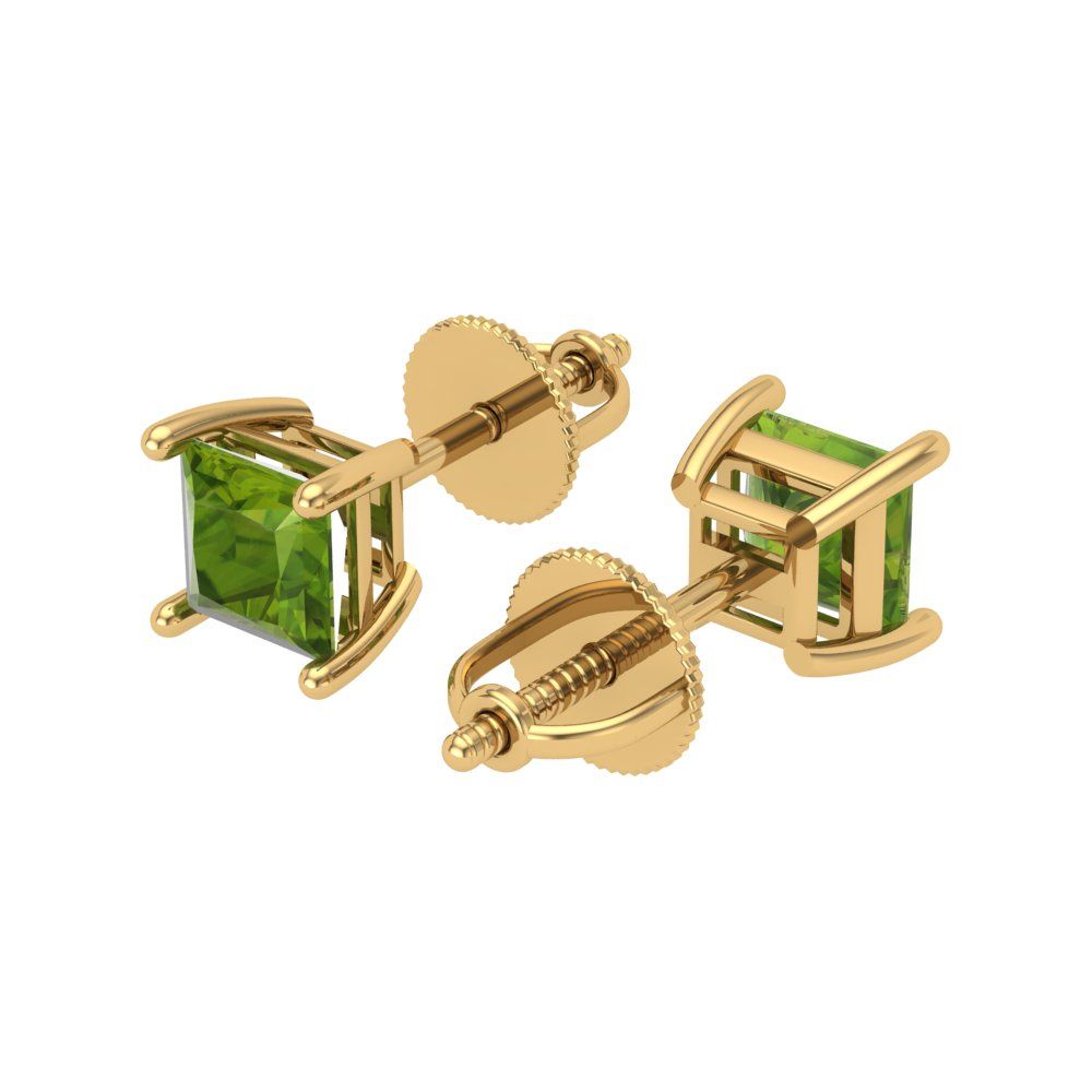 0.5 ctw Peridot Studs Earrings | 3.5mm Princess Cut White Gold Screw back | August Birthstone