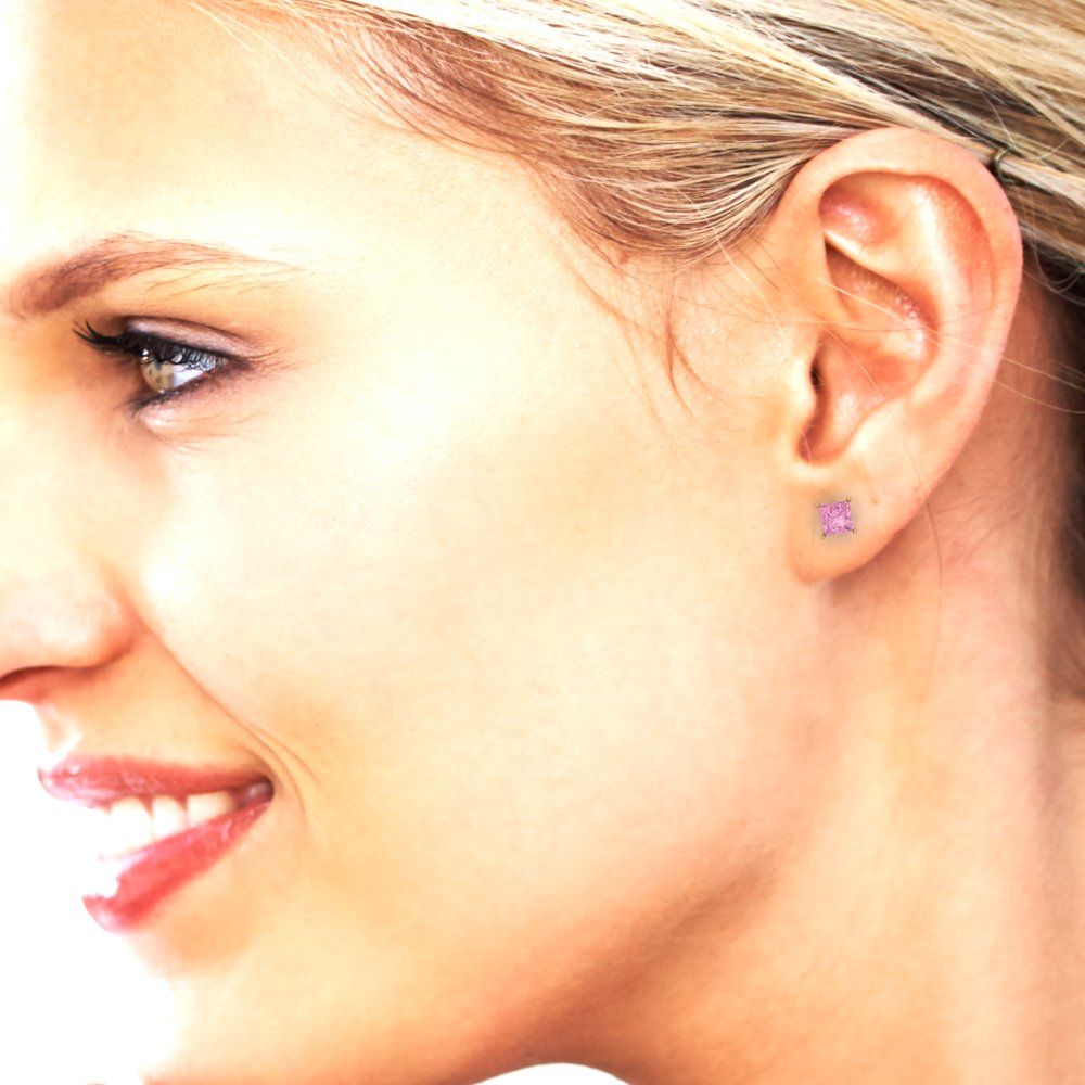 0.5 ctw Pink Zirconia Studs Earrings | 3.5mm Princess Cut White Gold Screw back | April Birthstone