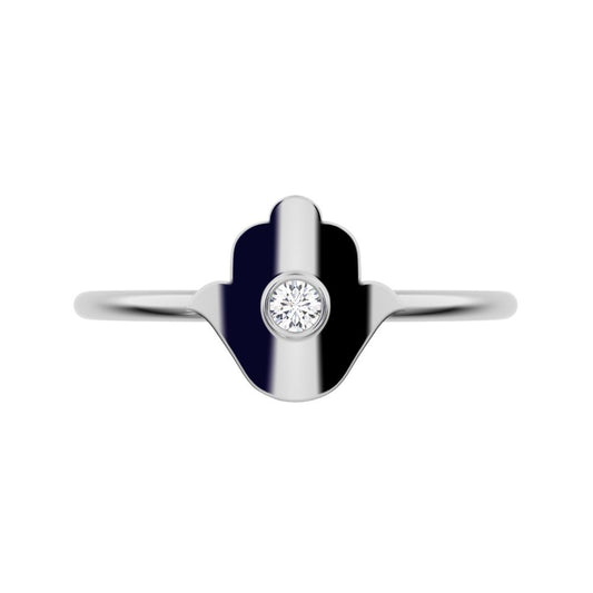 0.03 ct Round Cut Simulated Clear Diamond dainty Minimalist Hamsa bezel 1 stone simple light 14K / 18K Solid White Gold everyday ring