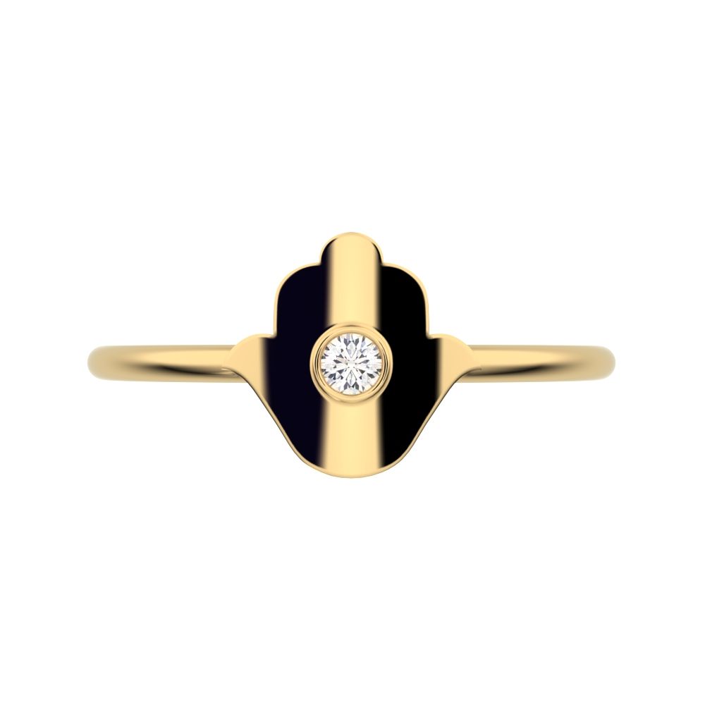 0.03 ct Round Cut Moissanite dainty Minimalist Hamsa bezel 1 stone simple light 14K / 18K Solid Yellow Gold everyday ring