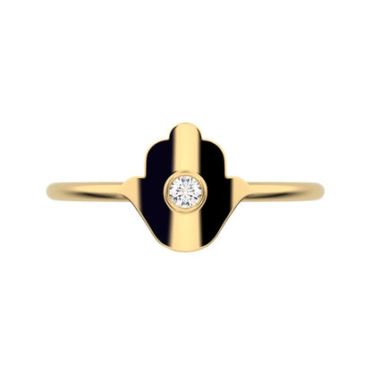 0.03 ct Round Cut Moissanite dainty Minimalist Hamsa bezel 1 stone simple light 14K / 18K Solid Yellow Gold everyday ring
