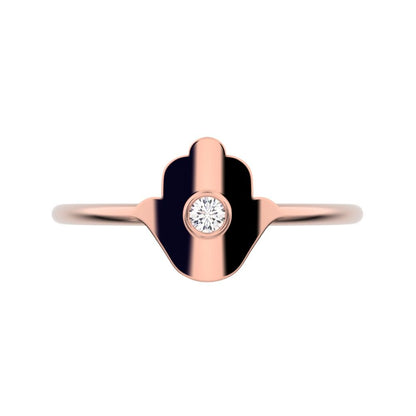 0.03 ct Round Cut Moissanite dainty Minimalist Hamsa bezel 1 stone simple light 14K / 18K Solid Rose Gold everyday ring