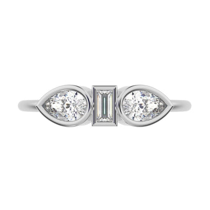 0.56 ct Pear Cut Simulated Clear Diamond dainty Minimalist 3 stone eye bezel simple light 14K / 18K Solid White Gold everyday ring