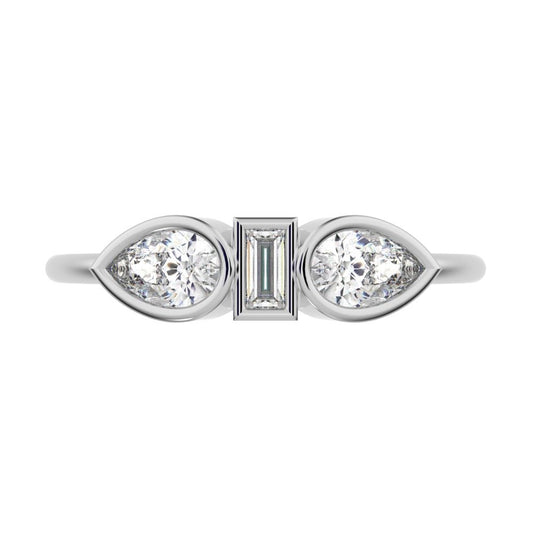 0.56 ct Pear Cut Simulated Clear Diamond dainty Minimalist 3 stone eye bezel simple light 14K / 18K Solid White Gold everyday ring