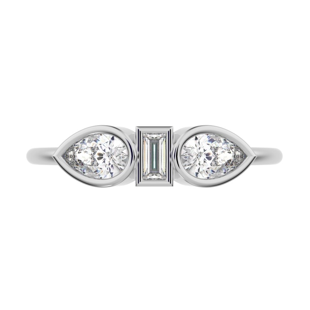 0.56 ct Pear Cut Moissanite dainty Minimalist 3 stone eye bezel simple light 14K / 18K Solid White Gold everyday ring