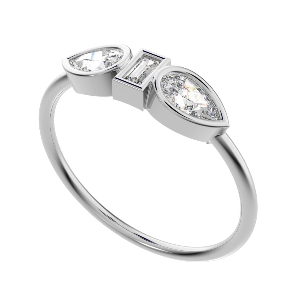0.56 ct Pear Cut Moissanite dainty Minimalist 3 stone eye bezel simple light 14K / 18K Solid White Gold everyday ring