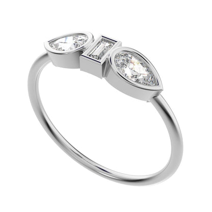 0.56 ct Pear Cut Moissanite dainty Minimalist 3 stone eye bezel simple light 14K / 18K Solid White Gold everyday ring