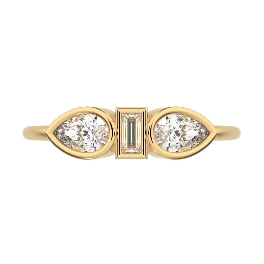 0.56 ct Pear Cut Simulated Clear Diamond dainty Minimalist 3 stone eye bezel simple light 14K / 18K Solid Yellow Gold everyday ring
