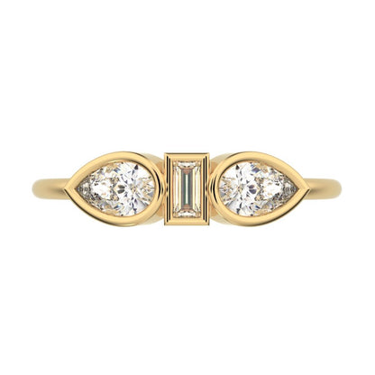 0.56 ct Pear Cut Simulated Clear Diamond dainty Minimalist 3 stone eye bezel simple light 14K / 18K Solid Yellow Gold everyday ring