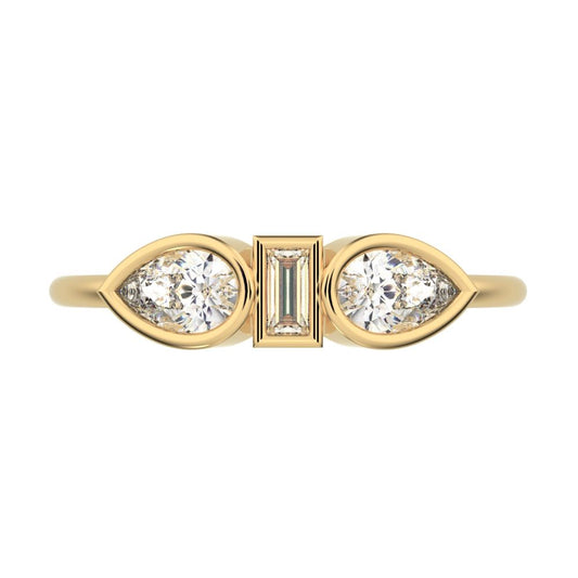 0.56 ct Pear Cut Simulated Clear Diamond dainty Minimalist 3 stone eye bezel simple light 14K / 18K Solid Yellow Gold everyday ring
