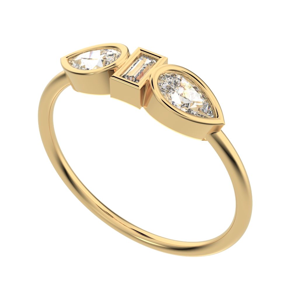 0.56 ct Pear Cut Moissanite dainty Minimalist 3 stone eye bezel simple light 14K / 18K Solid Yellow Gold everyday ring