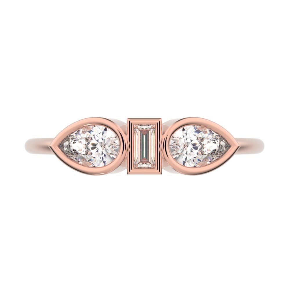 0.56 ct Pear Cut Simulated Clear Diamond dainty Minimalist 3 stone eye bezel simple light 14K / 18K Solid Rose Gold everyday ring