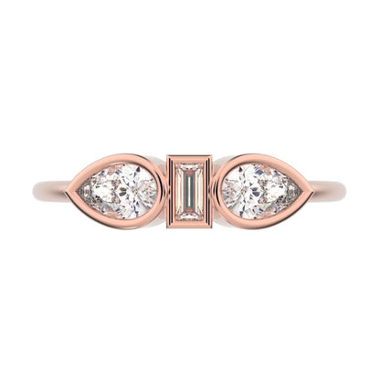 0.56 ct Pear Cut Simulated Clear Diamond dainty Minimalist 3 stone eye bezel simple light 14K / 18K Solid Rose Gold everyday ring