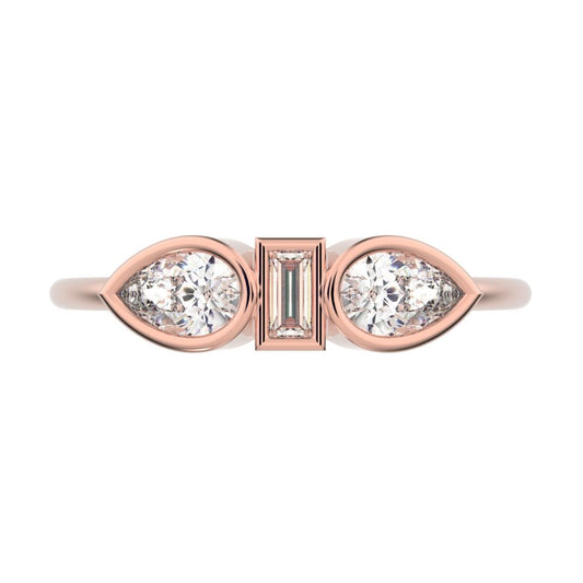 0.56 ct Pear Cut Moissanite dainty Minimalist 3 stone eye bezel simple light 14K / 18K Solid Rose Gold everyday ring