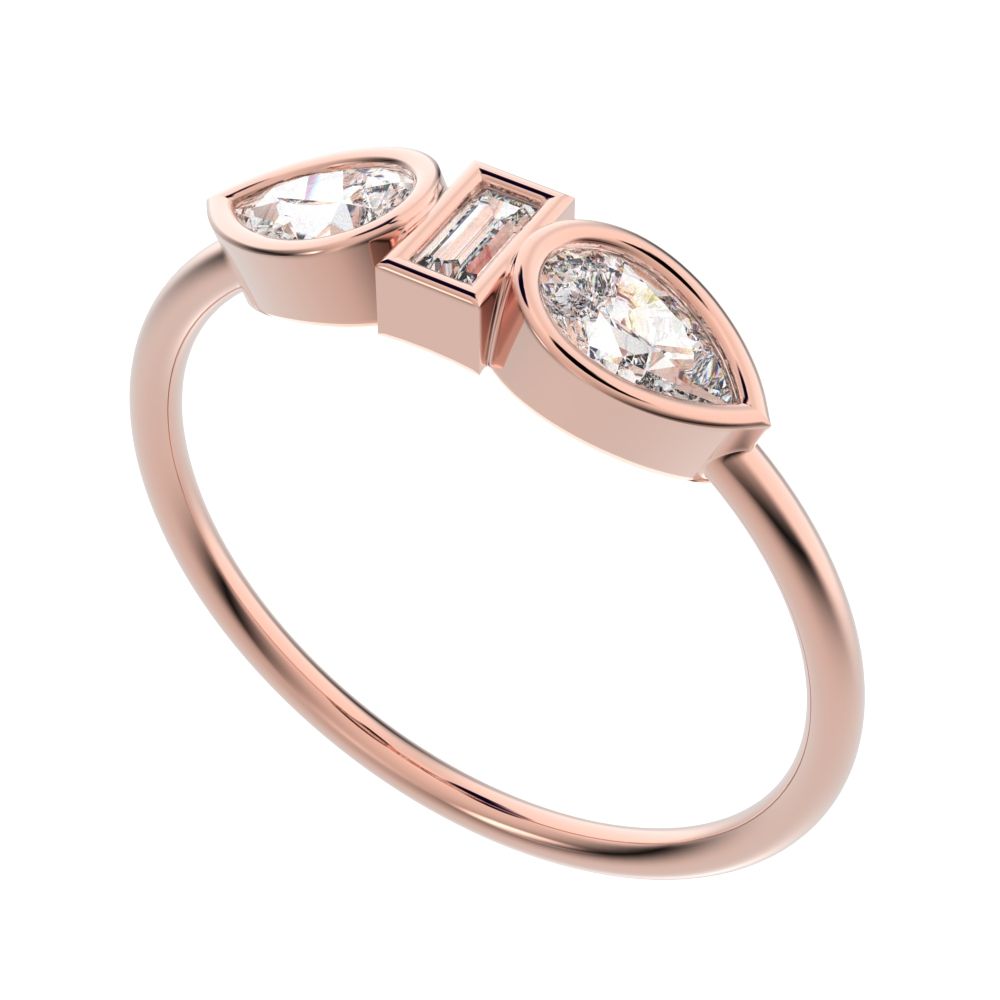 0.56 ct Pear Cut Simulated Clear Diamond dainty Minimalist 3 stone eye bezel simple light 14K / 18K Solid Rose Gold everyday ring