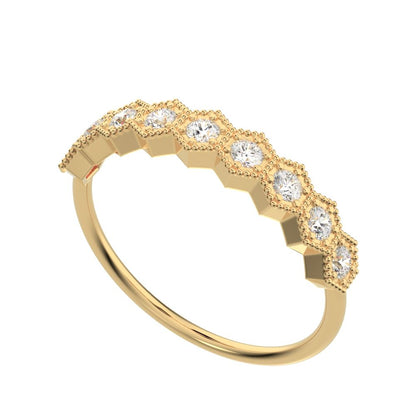 0.27 ct Round Cut Moissanite dainty Minimalist hexagon Stackable hexagon half eternity 14K / 18K Solid Yellow Gold everyday wedding band
