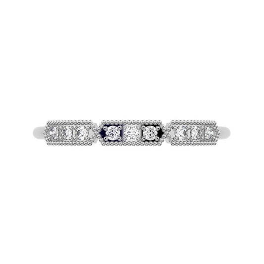 0.09Ct Round Cut Simulated Clear Diamond dainty bar Stackable Art Deco Milgrain light 14K / 18K Solid White Gold everyday wedding band