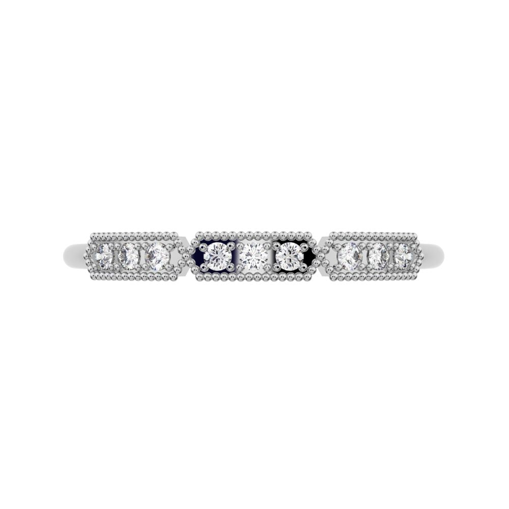 0.09Ct Round Cut Moissanite dainty Minimalist bar Stackable Art Deco Milgrain light 14K / 18K Solid White Gold everyday wedding band