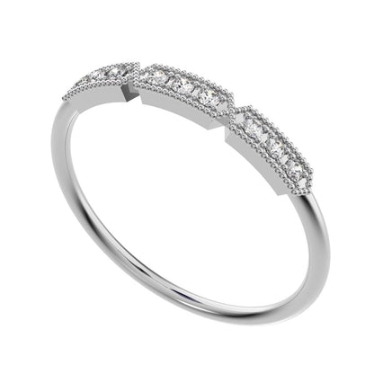 0.09Ct Round Cut Moissanite dainty Minimalist bar Stackable Art Deco Milgrain light 14K / 18K Solid White Gold everyday wedding band