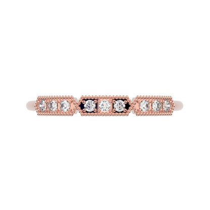0.09Ct Round Cut Simulated Clear Diamond dainty bar Stackable Art Deco Milgrain light 14K / 18K Solid Rose Gold everyday wedding band