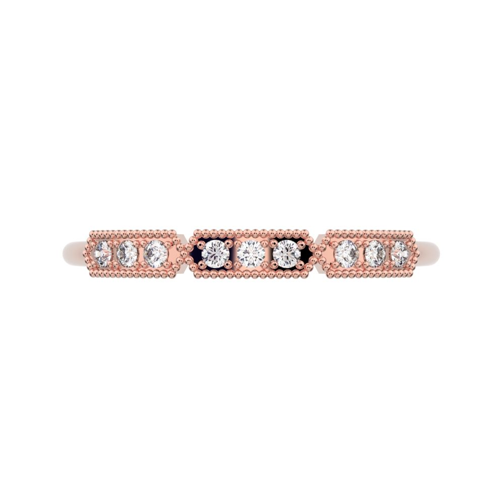 0.09Ct Round Cut Moissanite dainty Minimalist bar Stackable Art Deco Vintage Milgrain light 14K / 18K Solid Rose Gold everyday wedding band
